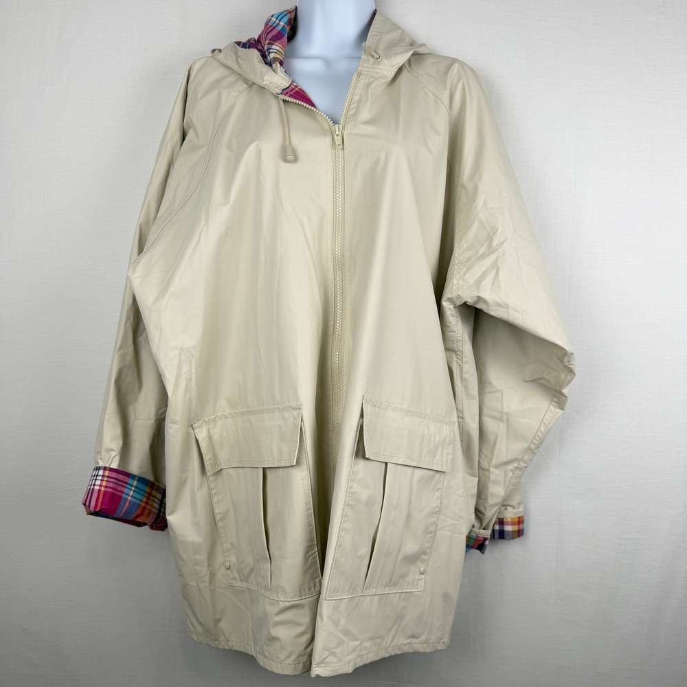 Misty Harbor Original Raincoat Beige Tan Plaid Lined Hooded Jacket Womens 1X